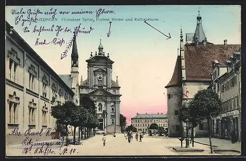 AK Kitzingen, Pfründner Spital, Protest. Kirche u. Rathausturm