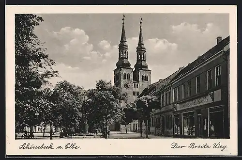AK Schönebeck a. Elbe, Möbelhaus Gustav Deicke, Breiter Weg, Kirche