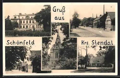 AK Schönfeld /Krs. Stendal, Kirche, Gebäudeansicht, Ortspartie
