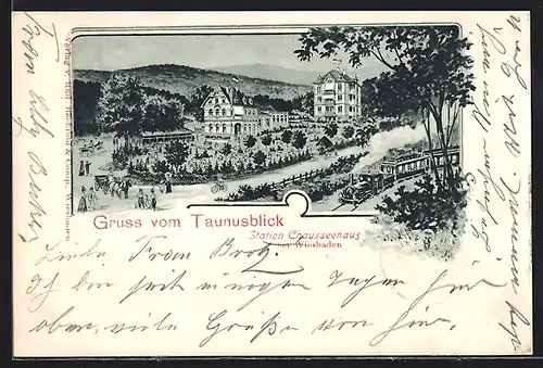 Lithographie Wiesbaden, Gasthaus Taunusblick mit Dampfzug