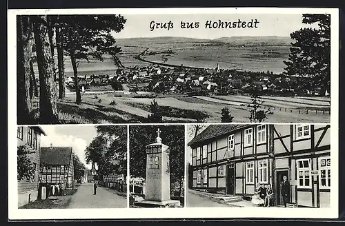 AK Hohnstedt, Kolonialwarenhandlung Minna Albrecht, Kriegerdenkmal, Ortsansicht