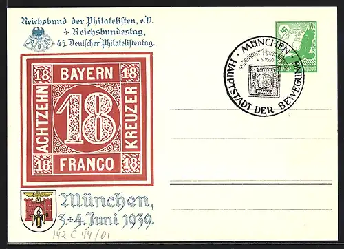 AK München, 4. Reichsbundestag 1939, Reichsbund der Philatelisten, Achtzehn Franco Kreuzer, Ganzsache