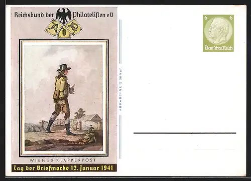 AK Tag der Briefmarke 1941, Wiener Klapperpost, Ganzsache 6 Pfg.