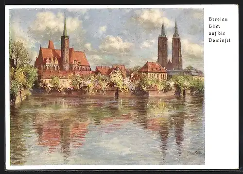Künstler-AK Breslau, 12. Deutsches Sängerbundesfest 1937, Blick auf die Dominsel, Ganzsache