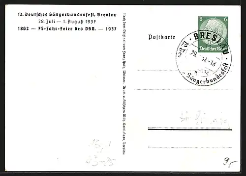 Künstler-AK Breslau, 12. Deutsches Sängerbundesfest 1937, Blick auf die Dominsel, Ganzsache