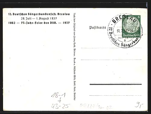 Künstler-AK Breslau, 12. Deutsches Sängerbundesfest 1937, Jahrhunderthalle, Ganzsache