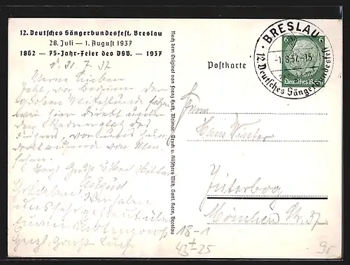 Künstler-AK Breslau, 12. Deutsches Sängerbundfest 1937, Rathaus, Ganzsache