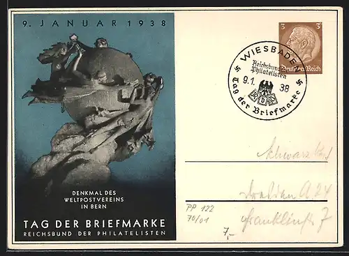 AK Bern, Tag der Briefmarke 9.1.1938, Denkmal des Weltpostvereins, Ganzsache