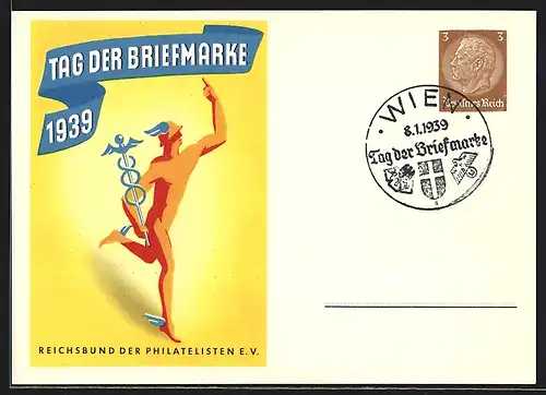 AK Tag der Briefmarke 1939, Reichsbund der Philatelisten, Hermes, Ganzsache