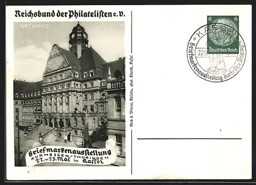 AK Kassel, Briefmarkenausstellung 1937, Reichsbund der Philatelisten e. V., Aussenansicht Rathaus, Ganzsache