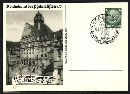 AK Kassel, Briefmarkenausstellung 1937, Reichsbund der Philatelisten e. V., Aussenansicht Rathaus, Ganzsache