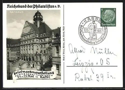 AK Kassel, Briefmarkenausstellung 1937, Reichsbund der Philatelisten e. V., Ansicht vom Rathaus, Ganzsache