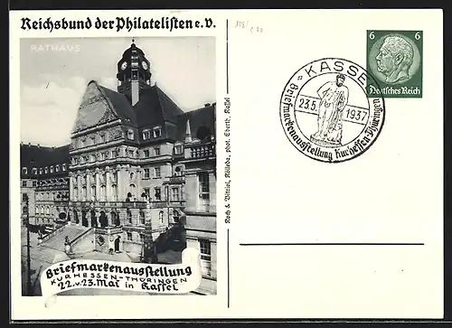 AK Kassel, Briefmarkenausstellung 1937, Reichsbund der Philatelisten e. V., Blick auf das Rathaus, Ganzsache