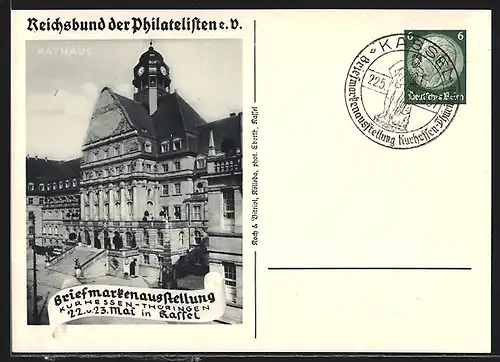 AK Kassel, Briefmarkenausstellung 1937, Reichsbund der Philatelisten e. V., Aussenansicht Rathaus, Ganzsache