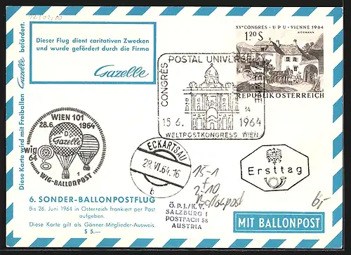 AK Ballon der Firma Gazelle, Stempel WIG-Ballonpost 28.6.1964