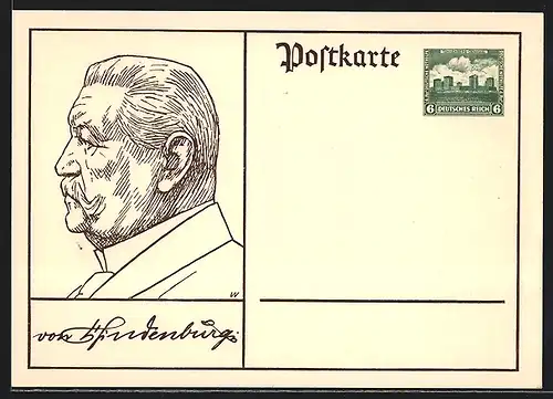Künstler-AK Portrait Paul von Hindenburg, Ganzsache
