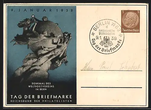 AK Bern, Tag der Briefmarke 9.1.1938, Denkmal des Weltpostvereins, Ganzsache 3 Pf.
