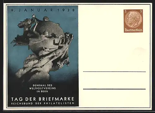 AK Reichsbund der Philatelisten, Tag der Briefmarke 9. Januar 1938, Denkmal des Weltpostvereins in Bern, Ganzsache