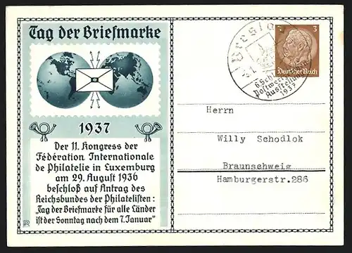 AK Tag der Briefmarke 1937, Posthorn und Brief mit Weltkugeln, Ganzsache