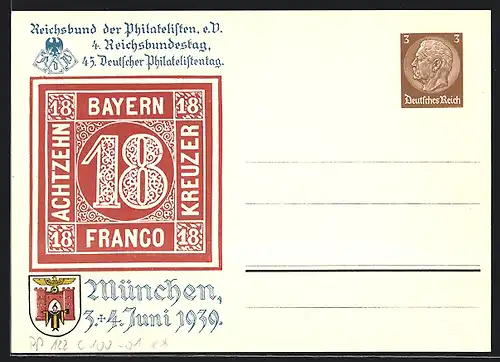 AK München, 4. Reichsbundestag 1939, Achtzehn Franco Kreuzer, Ganzsache