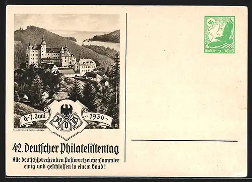 AK 42. Deutscher Philatelistentag 1936, Blick zur Burg Lauenstein, Ganzsache
