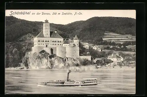 AK Schönbühel an der Donau, Blick zum Schloss, Dampferpartie