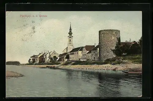 AK Pöchlarn a. d. Donau, Uferpartie mit Kirche