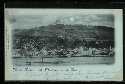 Mondschein-AK Marbach a. d. Donau, Ortsansicht mit Maria-Taferl