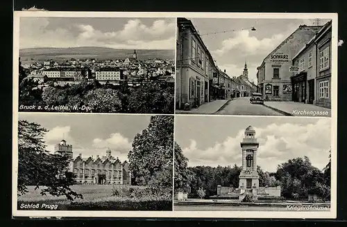 AK Bruck a. d. Leitha, Kirchengasse, Schloss Prugg, Kriegerdenkmal