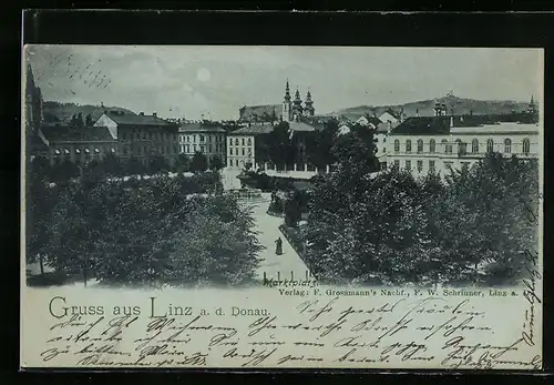 Mondschein-AK Linz a. d. Donau, Blick über den Marktplatz