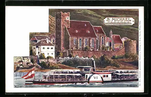 Künstler-AK Weissenkirchen in der Wachau, St. Michael und Dampfer auf der Donau