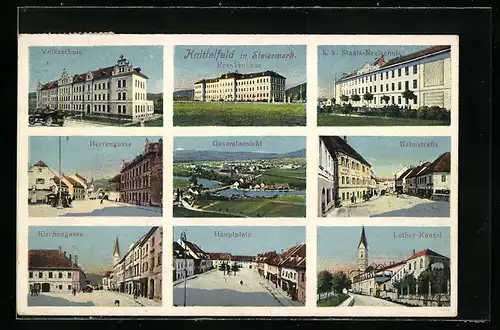 AK Knittelfeld, Volksschule, Herrengasse, Kirchengasse, Hauptplatz, Bahnstrasse, Krankenhaus