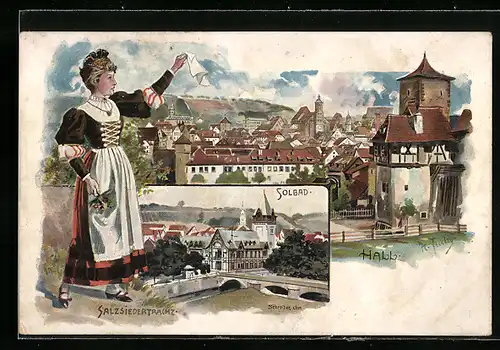 Lithographie Bad Hall, Frau in Salzsiedertracht, Solbad