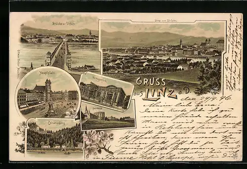 Lithographie Linz a. D., Calvarienberg, Volksgarten, Hauptplatz