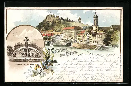 Lithographie Graz, Brunnen am Stadtpark, Blick auf Fluss mit Brücke, Häuserzeilen und Kirchturm