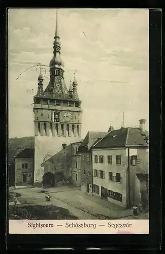 AK Schässburg, Ortsansicht mit Kirche