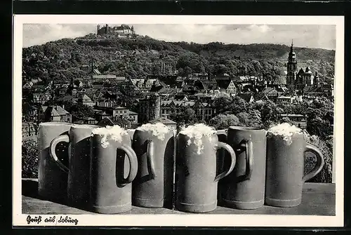 AK Coburg, Stadtansicht, volle Bierkrüge, Veste Coburg