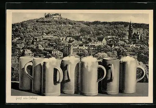 AK Coburg, Stadtansicht, volle Bierkrüge, Veste Coburg