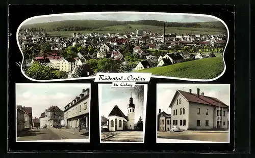 AK Rödental-Oeslau bei Coburg, Strassenpartie mit Kirche, VW Käfer vor Rathaus