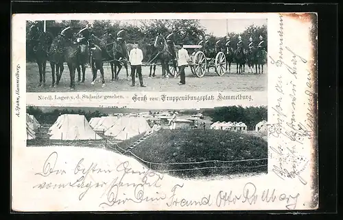 AK Hammelburg, Truppenübungsplatz, Nördliches Lager v. d. Südseite gesehen, Soldaten mit Pferdewägen