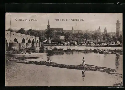 AK Ochsenfurt am Main, Partie neben der Mainbrücke, Blick zur Kirche