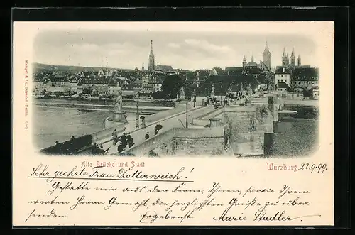 AK Würzburg, Alte Brücke mit Teilansicht