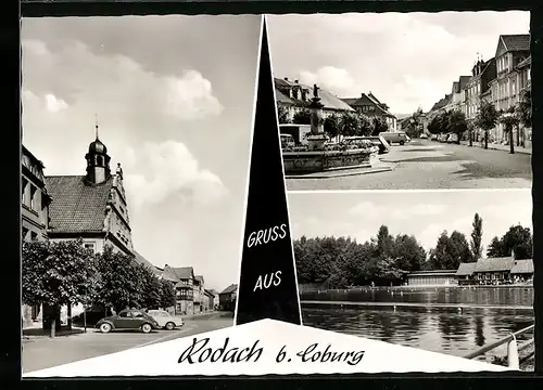 AK Rodach b. Coburg, Schwimmbad, Brunnen, Strassenpartie