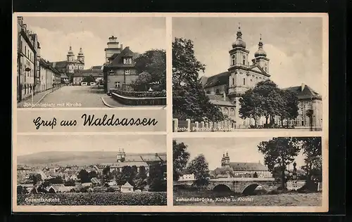 AK Waldsassen, Gesamtansicht, Kirche, Johannisbrücke, Kloster