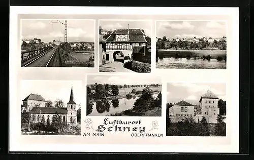 AK Schney a. Main, Kirche, Tor, Eisenbahnstrecke