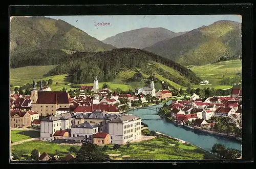 AK Leoben, Ortsansicht mit Kirche und Brücke