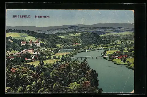 AK Spielfeld, Ortsansicht aus der Vogelschau, Flusspartie