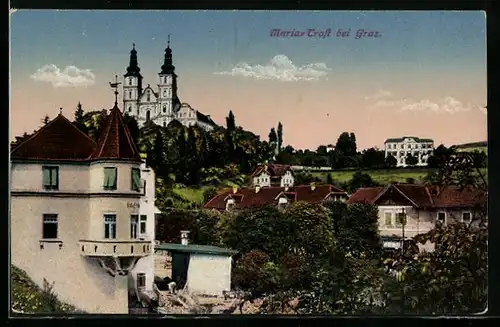AK Maria-Trost bei Graz, Ortsansicht mit Wallfahrtskirche