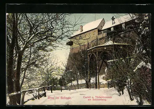 AK Graz, Castell und Türkenbrunnen am Schlossberg