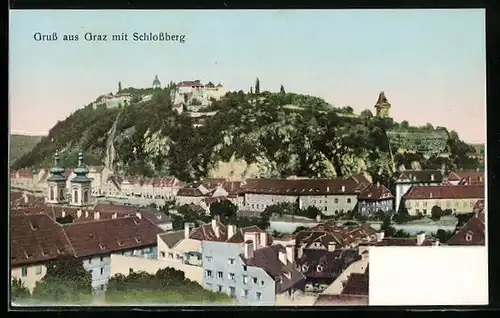 AK Graz, Ortsansicht mit Schossberg